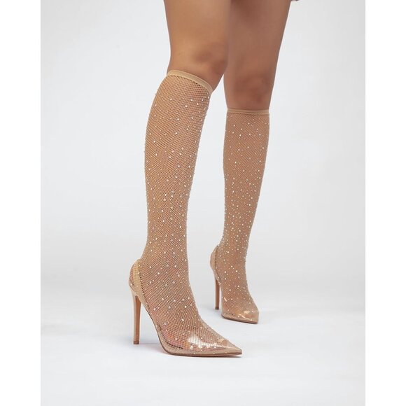 ⚡Women's Tan Rhinestone Mesh Pointed Toe Stiletto Heeled Boots Sexy Knee High - Picture 2 of 5